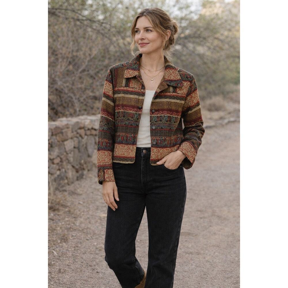 Draper’s & Damon’s Women’s Tapestry Jacket Cropped Blazer Button Front Size M